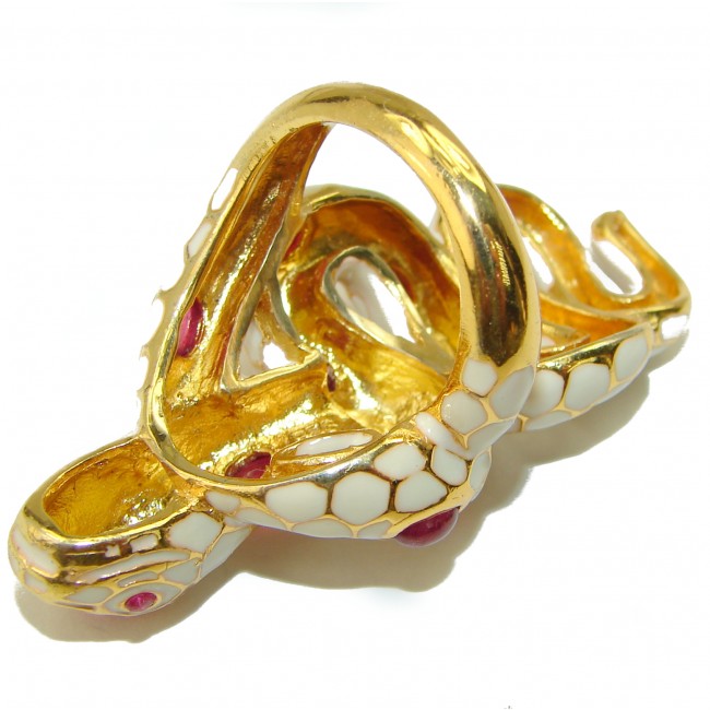 White Snake - symbolizes supernatural power- Enamel Ruby 18K Gold over .925 Sterling Silver Huge handcrafted Ring s. 8