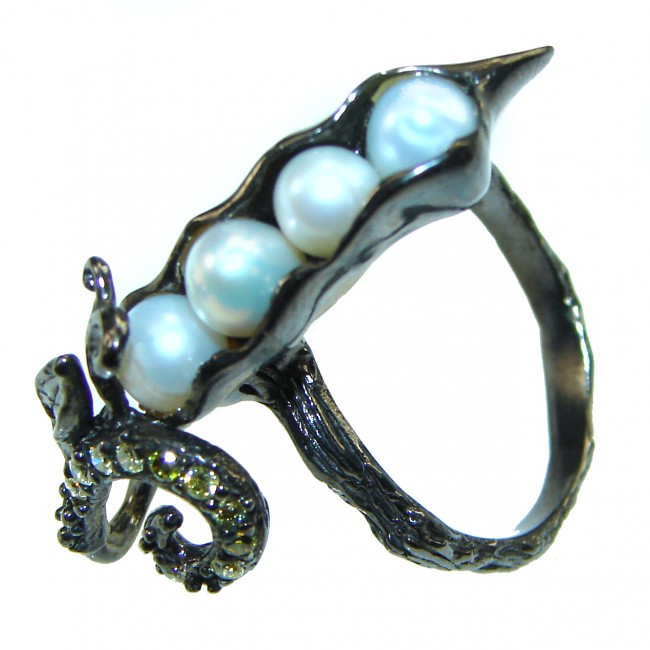Precious Pea Pod Pearls black rhodium over .925 Sterling Silver handmade Ring s. 9