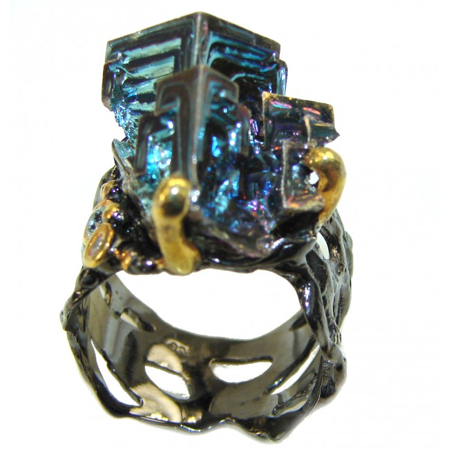 Natural Bismuth Crystal black rhodium 14K Gold over .925 Sterling Silver handmade Ring size 8