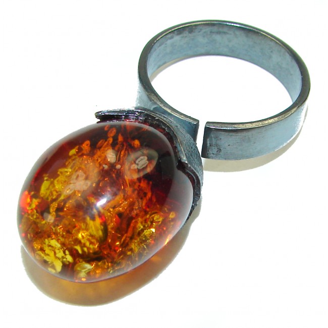 Authentic Baltic Amber black rhodium over .925 Sterling Silver handcrafted ring; s. 10