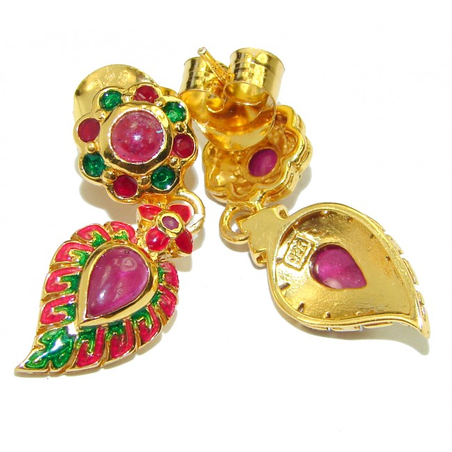 Very Unique Ruby Enamel 18K Gold over .925 Sterling Silver handcrafted earrings