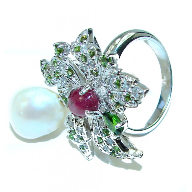Floral Design Star Ruby Mother of Pearl .925 Sterling Silver handcrafted Statement Ring size 8