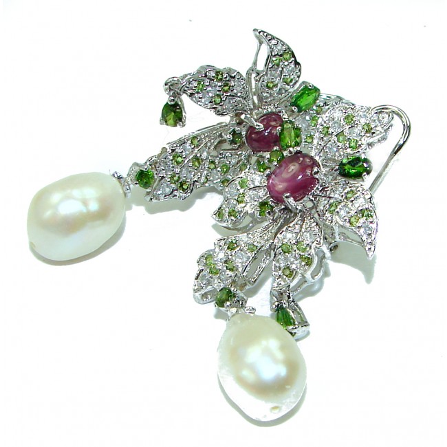 Floral Design Star Ruby Mother of Pearl .925 Sterling Silver handcrafted Long earrings