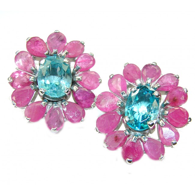 Bright Creation Swiss Blue Topaz Ruby .925 Sterling Silver handcrafted earrings