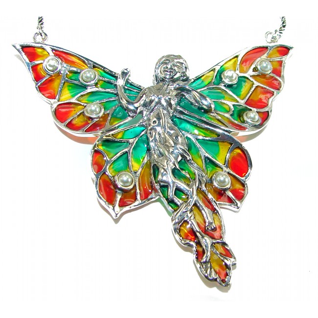 Awesome Flying Fairy Natural Enamel .925 Silver handcrafted Necklace