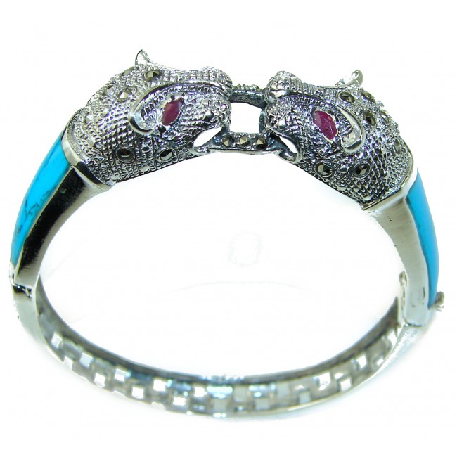 Precious Panthere Turquoise Ruby Marcasite Sterling Silver Luxury Bracelet