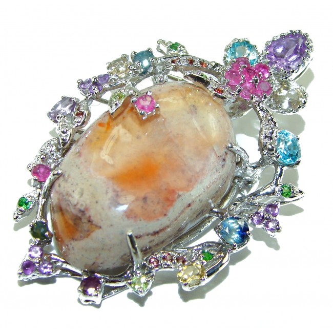 Royal Style Natural Mexican Fire Opal .925 Sterling Silver handmade Pendant Brooch