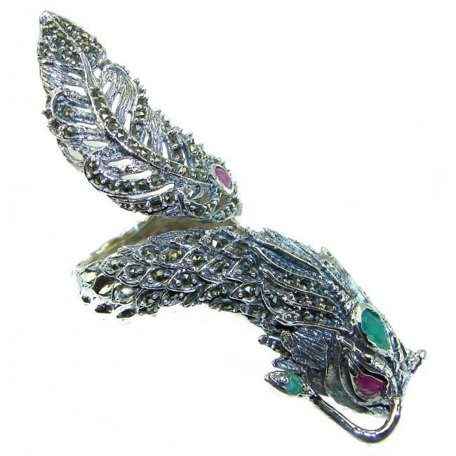 Emerald Ruby MASSIVE Dragon . 925 Sterling Silver Ring s. 9