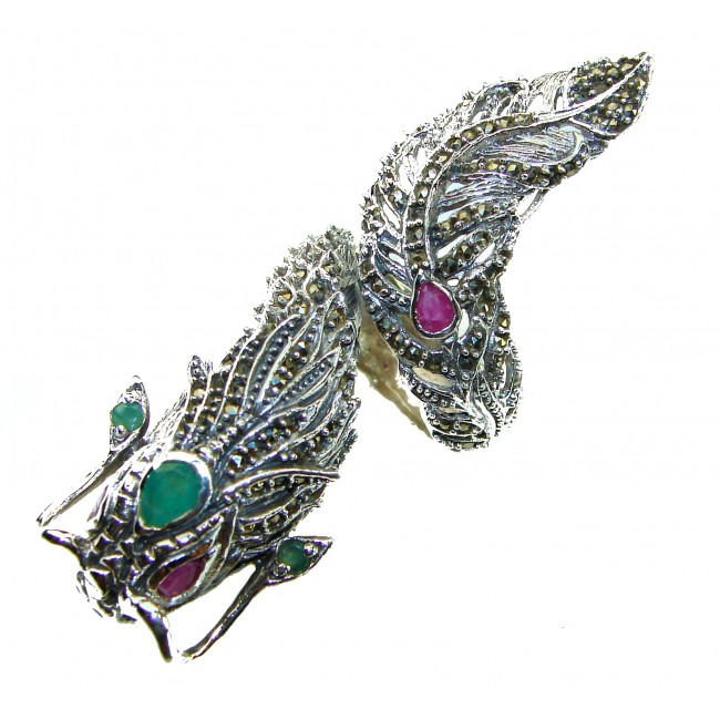 Emerald Ruby MASSIVE Dragon . 925 Sterling Silver Ring s. 9