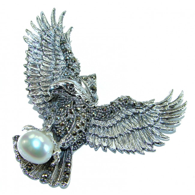 Huge Eagle Pearl Marcasite .925 Sterling Silver handcrafted Pendant
