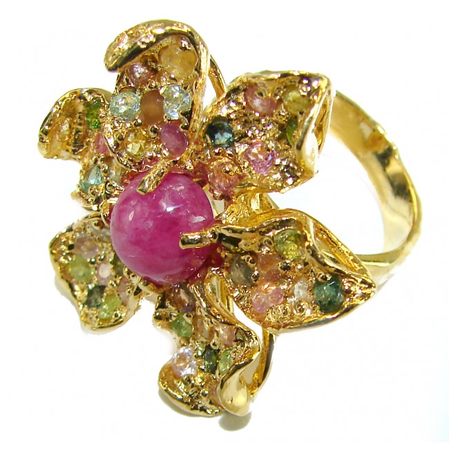Red Rose Authentic Star Ruby 14K Gold over .925 Sterling Silver large Statement Ring size 7 3/4