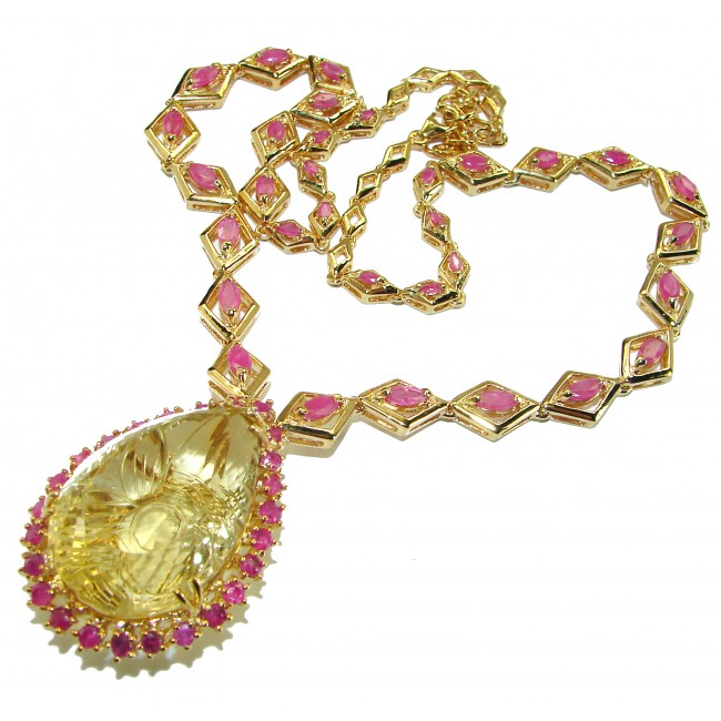 Outstanding carved Citrine Ruby 18K Gold over .925 Sterling Silver handcrafted Statement necklace