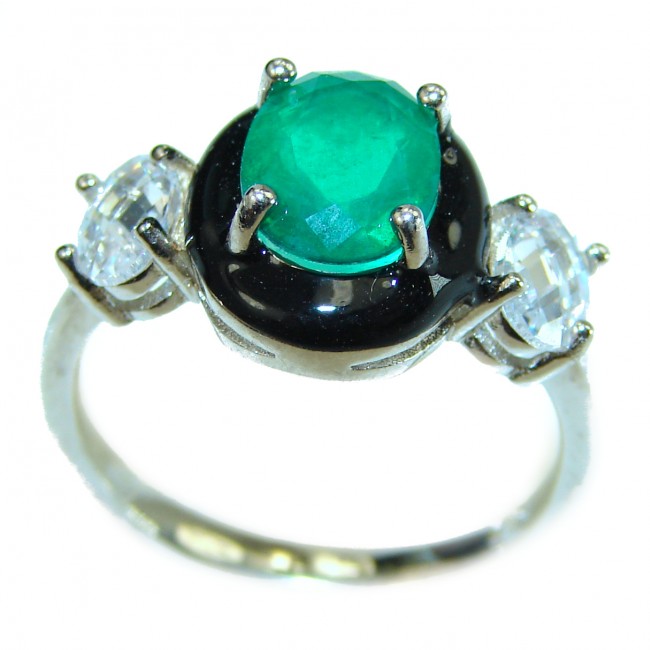 Fancy Authentic Emerald Enamel .925 Sterling Silver handmade Ring size 8