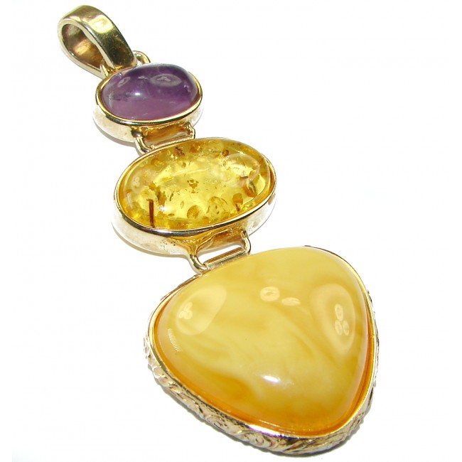 Prehistoric authentic Baltic Amber Amethyst 14K Gold over .925 Sterling Silver handcrafted pendant