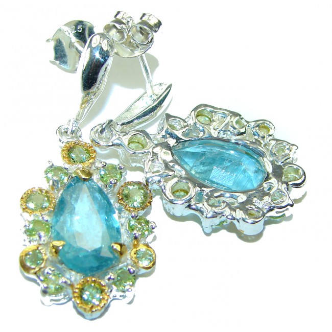 Blue Blast Style authentic Aquamarine 2 tones .925 Sterling Silver Handcrafted earrings