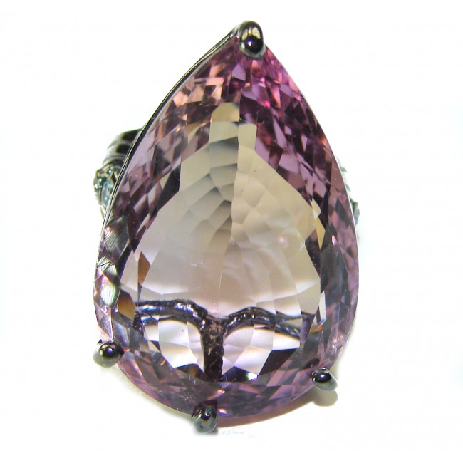 Large Spectacular 38.5 carat Pink Amethyst black rhodium over .925 Sterling Silver Handcrafted Ring size 8