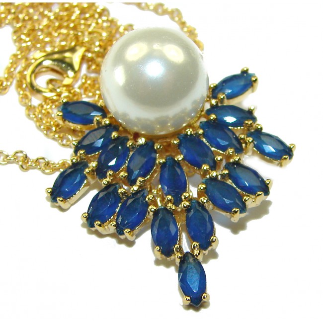 Magnificent Jewel Sapphire Pearl 14K Gold over .925 Sterling Silver handcrafted Necklace