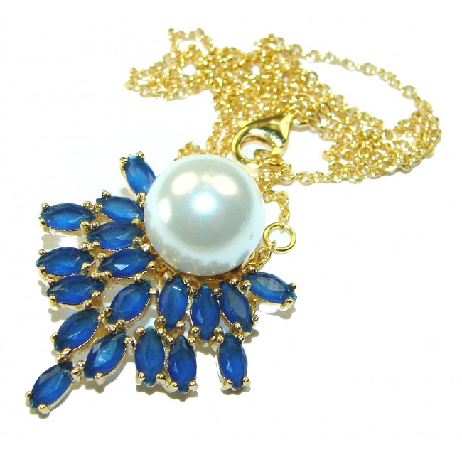 Magnificent Jewel Sapphire Pearl 14K Gold over .925 Sterling Silver handcrafted Necklace