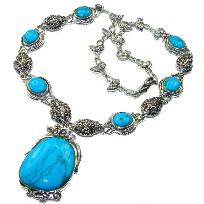 Genuine inlay Turquoise Marcasite .925 Sterling Silver handmade handcrafted Necklace