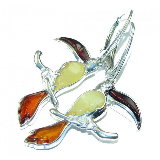 Cute Parrots natural Baltic Polish Amber .925 Sterling Silver earrings