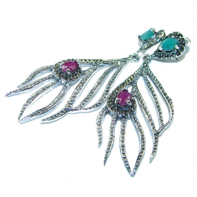 Peacock Feather design genuine Ruby Emerald .925 Sterling Silver handcrafted earrings