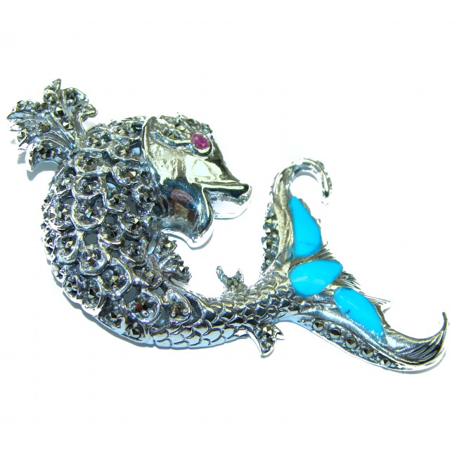 Large Blue Fish Genuine Turquoise .925 Sterling Silver handcrafted Pendant