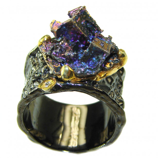Natural Bismuth Crystal black rhodium 14K Gold over .925 Sterling Silver handmade Ring size 8