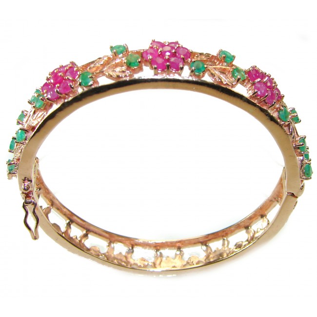 Floral design Authentic Ruby 14K Rose Gold over .925 Sterling Silver handmade bangle Bracelet