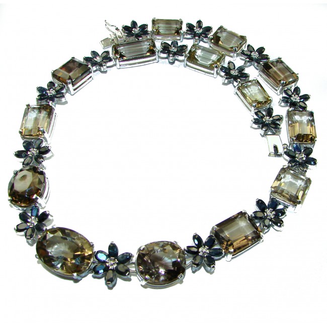 Outstanding Smoky Topaz Sapphire .925 Sterling Silver handcrafted Statement necklace