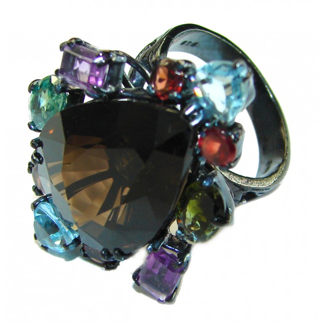 Mustery Island authentic Smoky Topaz black rhodium over .925 Sterling Silver Large handcrafted Ring size 8 1/2