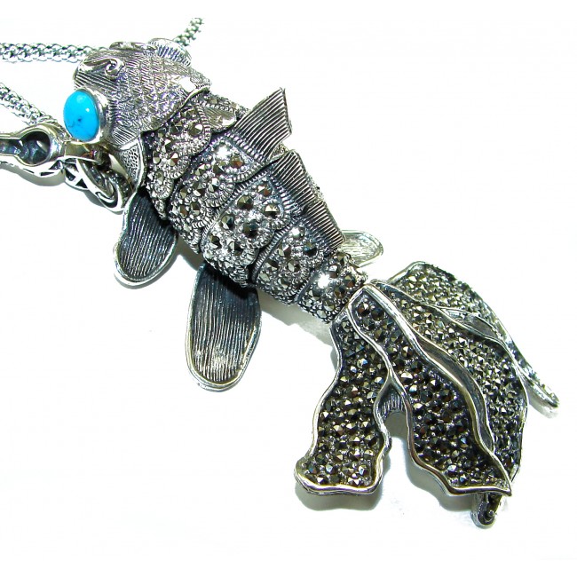 55.8 grams Lucky Fish Turquoise Marcasite .925 Sterling Silver handcrafted SPECTACULAR necklace
