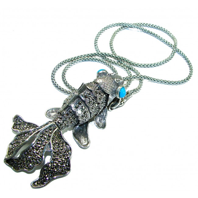 55.8 grams Lucky Fish Turquoise Marcasite .925 Sterling Silver handcrafted SPECTACULAR necklace