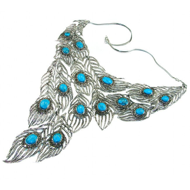 HUGE 102.9 grams Peacock Feather design genuine Turquoise .925 Sterling Silver handcrafted Necklace