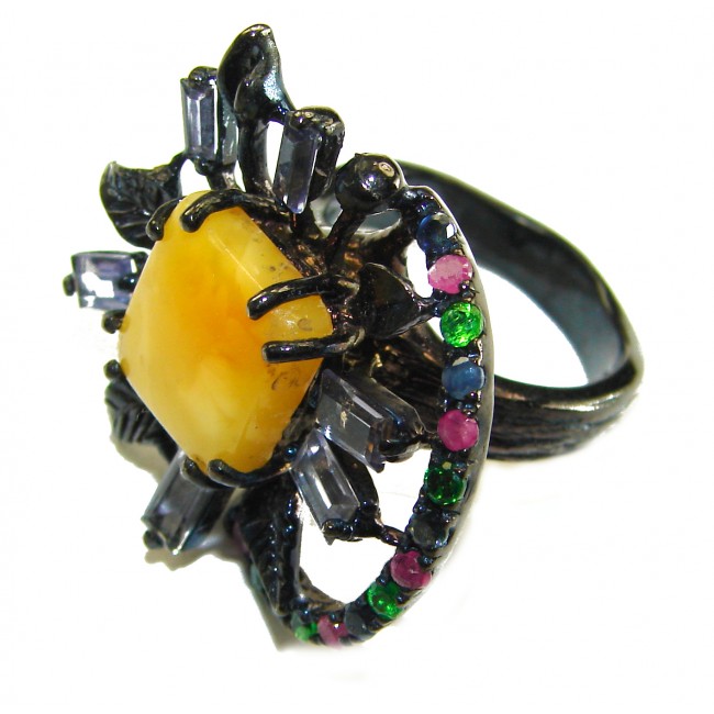 EXTRAVAGANZA Authentic Baltic Amber black rhodium over .925 Sterling Silver handcrafted ring; s. 7 1/4