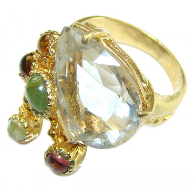 12.5 carat Natural Green Amethyst Tourmaline 14K Gold over .925 Sterling Silver Large Statement ring size 8
