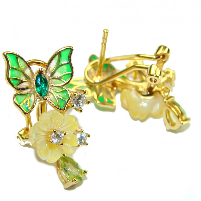 Green Butterflies Genuine Enamel Gold over .925 Sterling Silver handcrafted Earrings