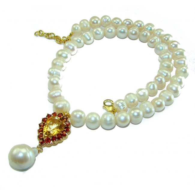 Spectacular 16 inches Long genuine Pearl Green Amethyst Gold over .925 Sterling Silver handcrafted Necklace