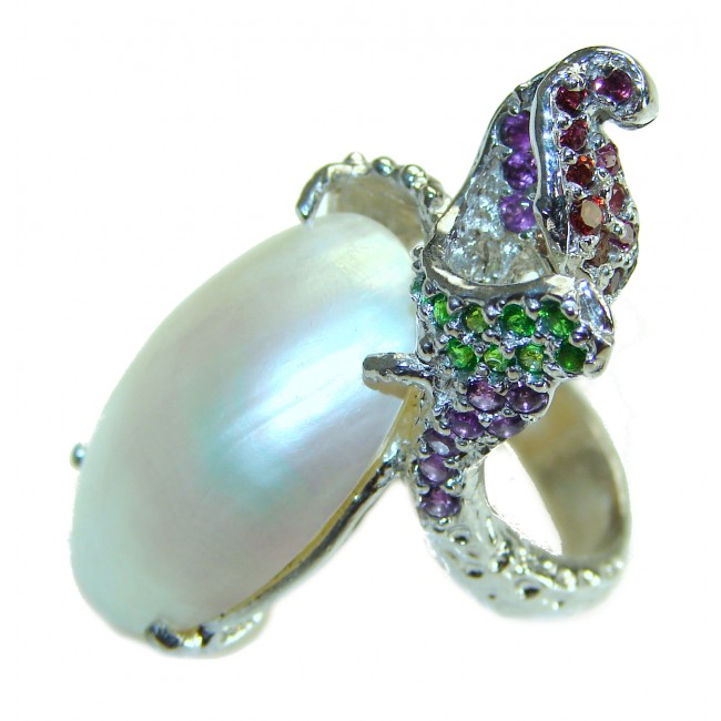 Huge Natural MABE Pearl .925 Sterling Silver handmade ring size 8