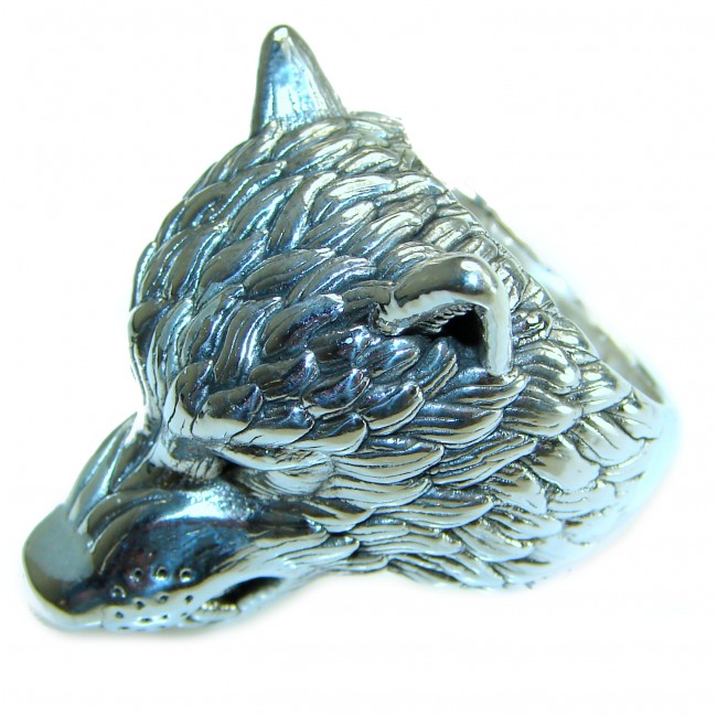 Large Wolf's head Large Bali made .925 Sterling Silver handcrafted Ring s. 7 1/2