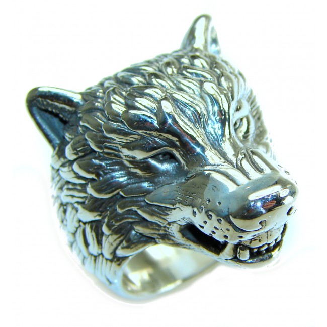 Large Wolf's head Large Bali made .925 Sterling Silver handcrafted Ring s. 7 1/2