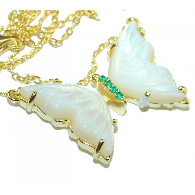 Precious butterfly Blister Pearl Emerald 14K Gold over .925 Sterling Silver Necklace