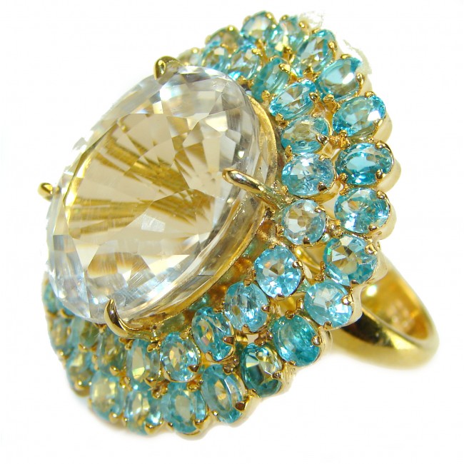 Snow Queen Huge White Topaz 14K Gold over .925 Sterling Silver handmade Statement Ring size 7 1/4