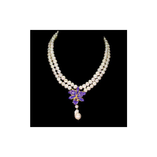 Precious Lilac Flower 16 inches Long genuine Pearl 14K Gold over .925 Sterling Silver handcrafted Necklace