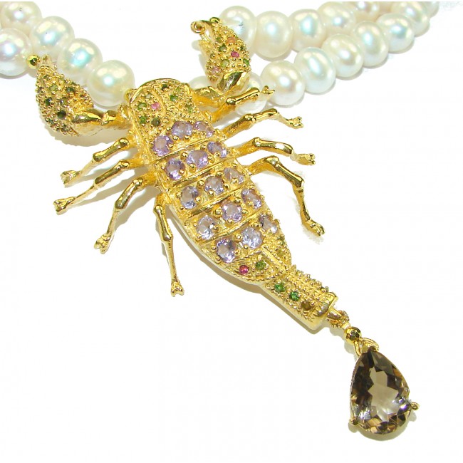 Precious Scorpio 16 inches Long genuine Pearl 14K Gold over .925 Sterling Silver handcrafted Necklace