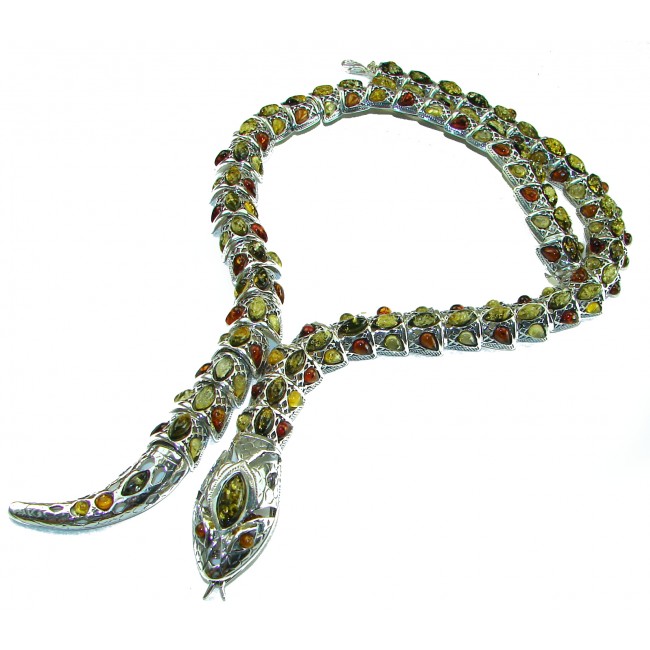 LARGE MASTERPIECE Boa Snake authentic Baltic Amber .925 Sterling Silver brilliantly handcrafted necklace