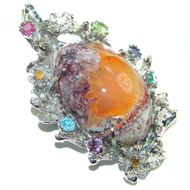 Majestic Design Natural Mexican Fire Opal .925 Sterling Silver handmade Pendant Brooch