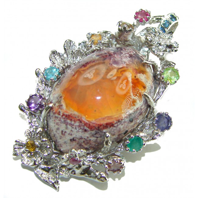 Majestic Design Natural Mexican Fire Opal .925 Sterling Silver handmade Pendant Brooch