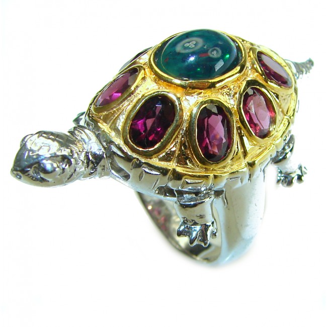 Good health and Long life Turtle 6.5ctw Genuine Black Opal 18K Gold over .925 Sterling Silver handmade Ring size 8