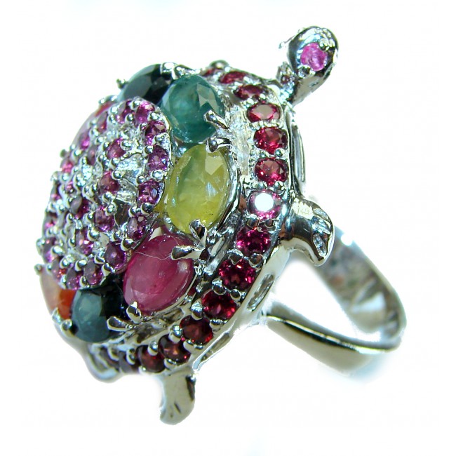 Good health and Long life Turtle Genuine Watermelon Tourmaline .925 Sterling Silver handmade HUGE Ring size 9
