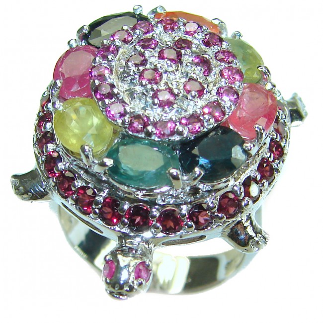 Good health and Long life Turtle Genuine Watermelon Tourmaline .925 Sterling Silver handmade HUGE Ring size 9